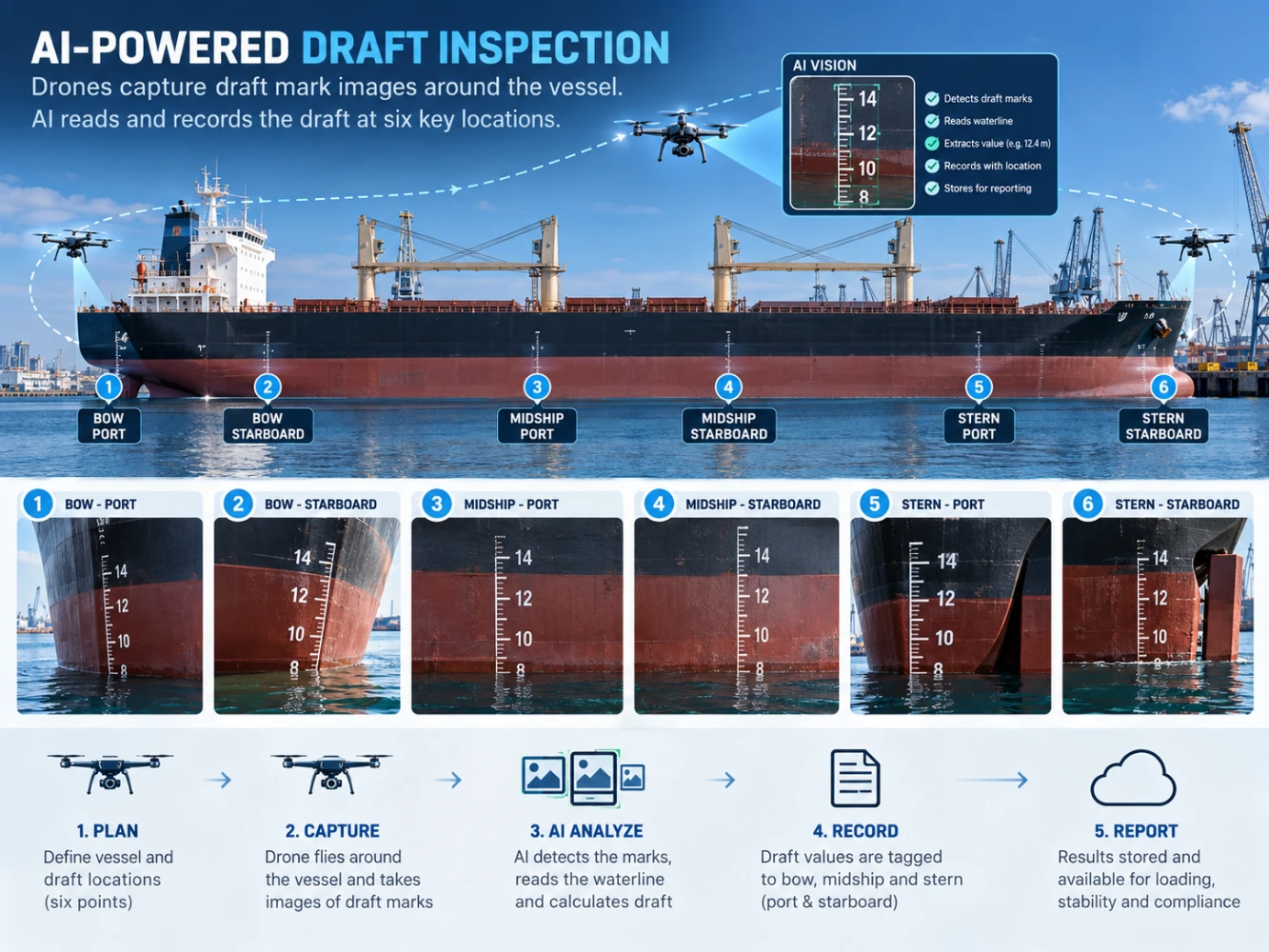 A drone photographs draft marks at six locations around a cargo ship; AI reads the waterline and records the draft for reporting