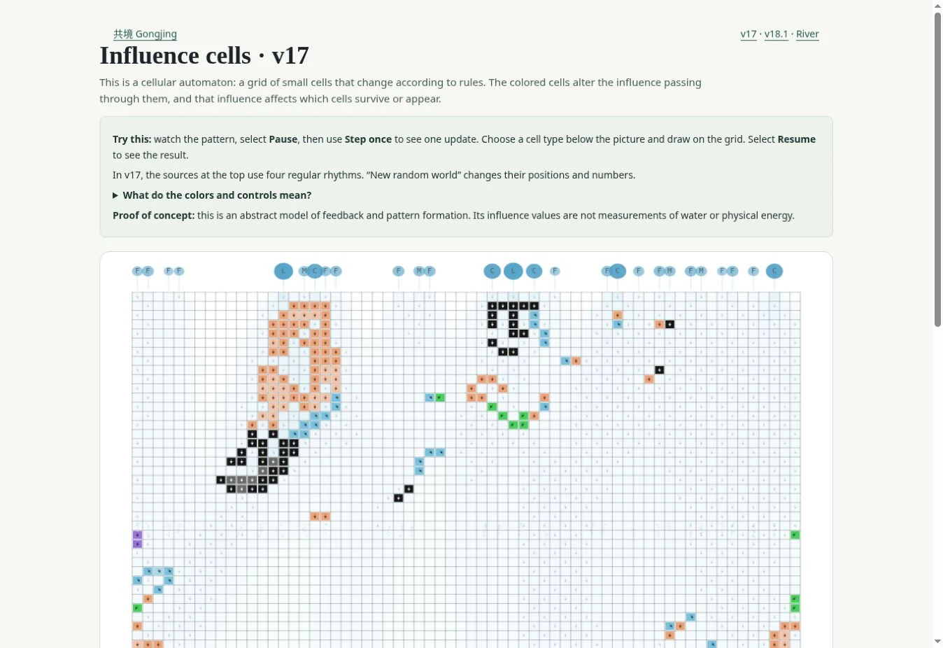 Influence cells v17: sources along the top send influence down a grid, where colored cells alter it and form patterns