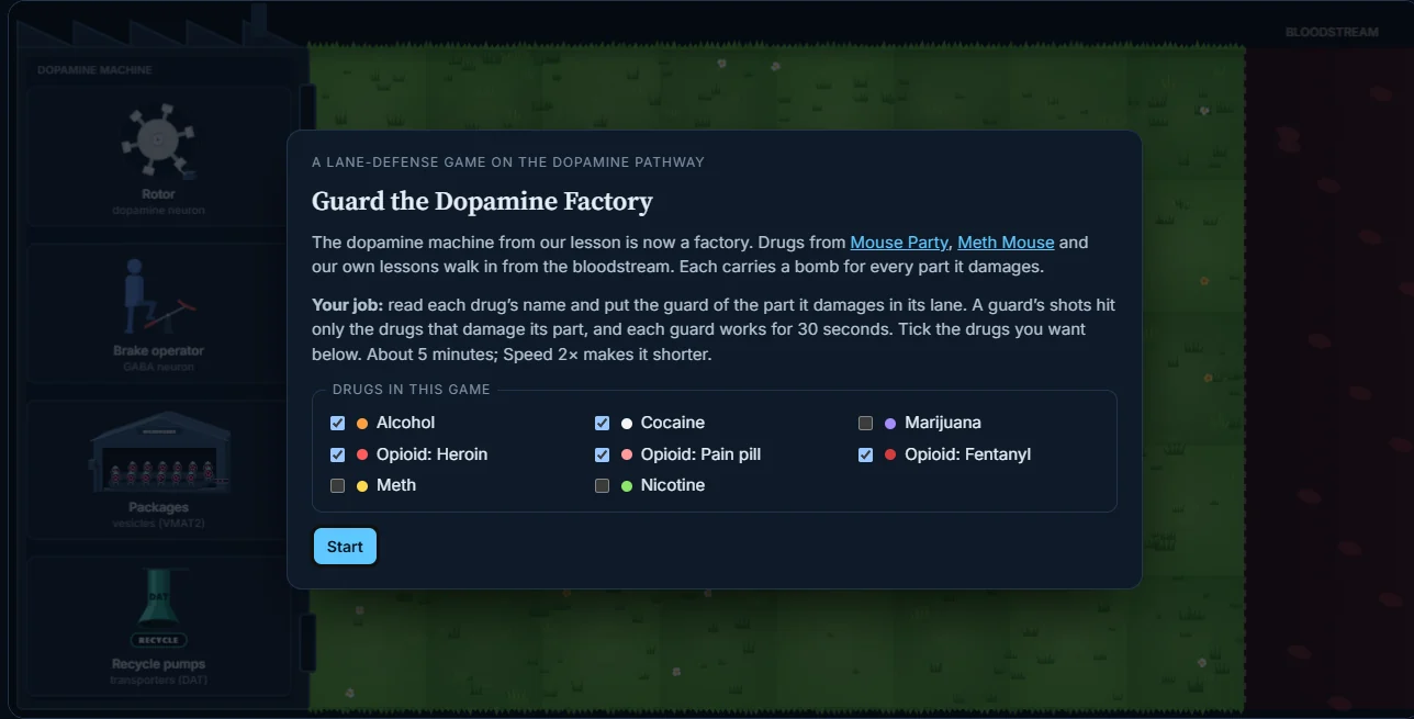 The start screen with the goal and a checklist of drugs, with alcohol, cocaine and the three opioids ticked by default