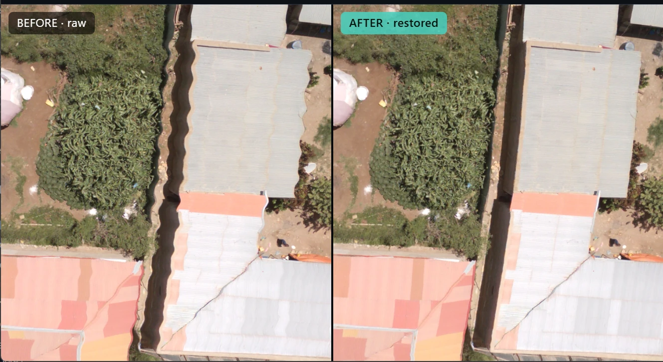 Before and after: a narrow alley between roofs, with wavy edges in the raw image and straight edges after correction
