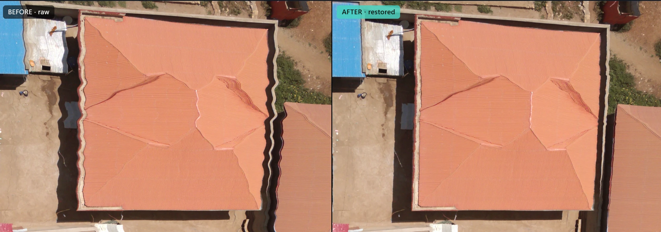 Before and after: a drone image of a house roof with wavy, jello-distorted edges, and the same image after correction