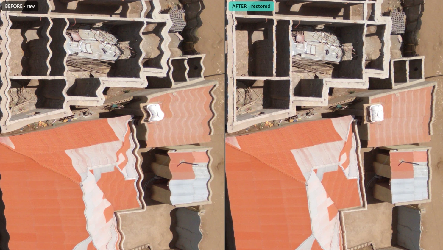 Before and after: wavy wall edges in a raw drone image, and the corrected image