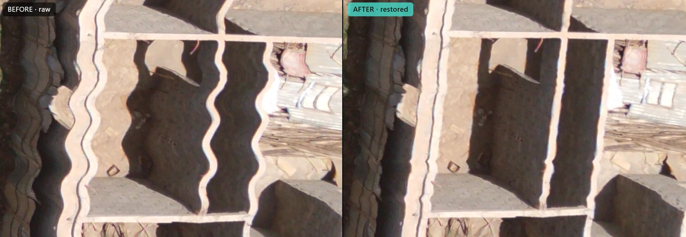 Before and after, close-up: wall edges that wave from side to side in the raw image are straight after correction