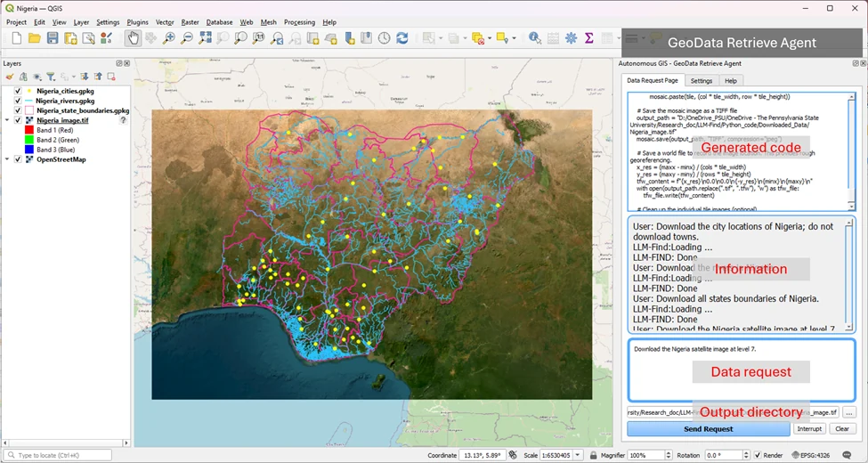 The GeoData Retrieve Agent QGIS plugin with cities, rivers, and state boundaries of Nigeria on a satellite basemap