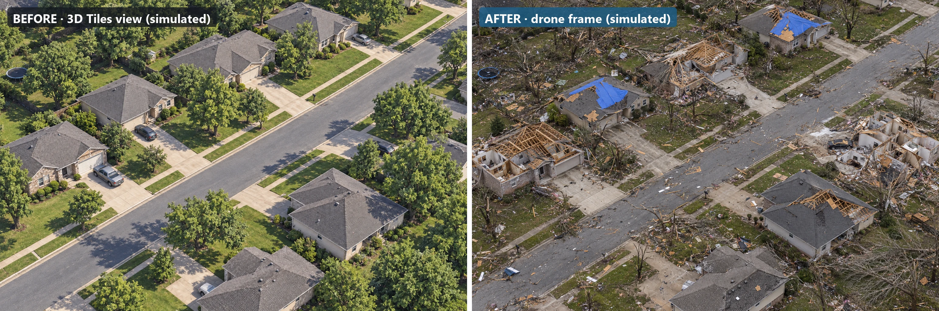 Simulated: the same street before the tornado, rendered from 3D Tiles, and after the tornado, in a drone frame
