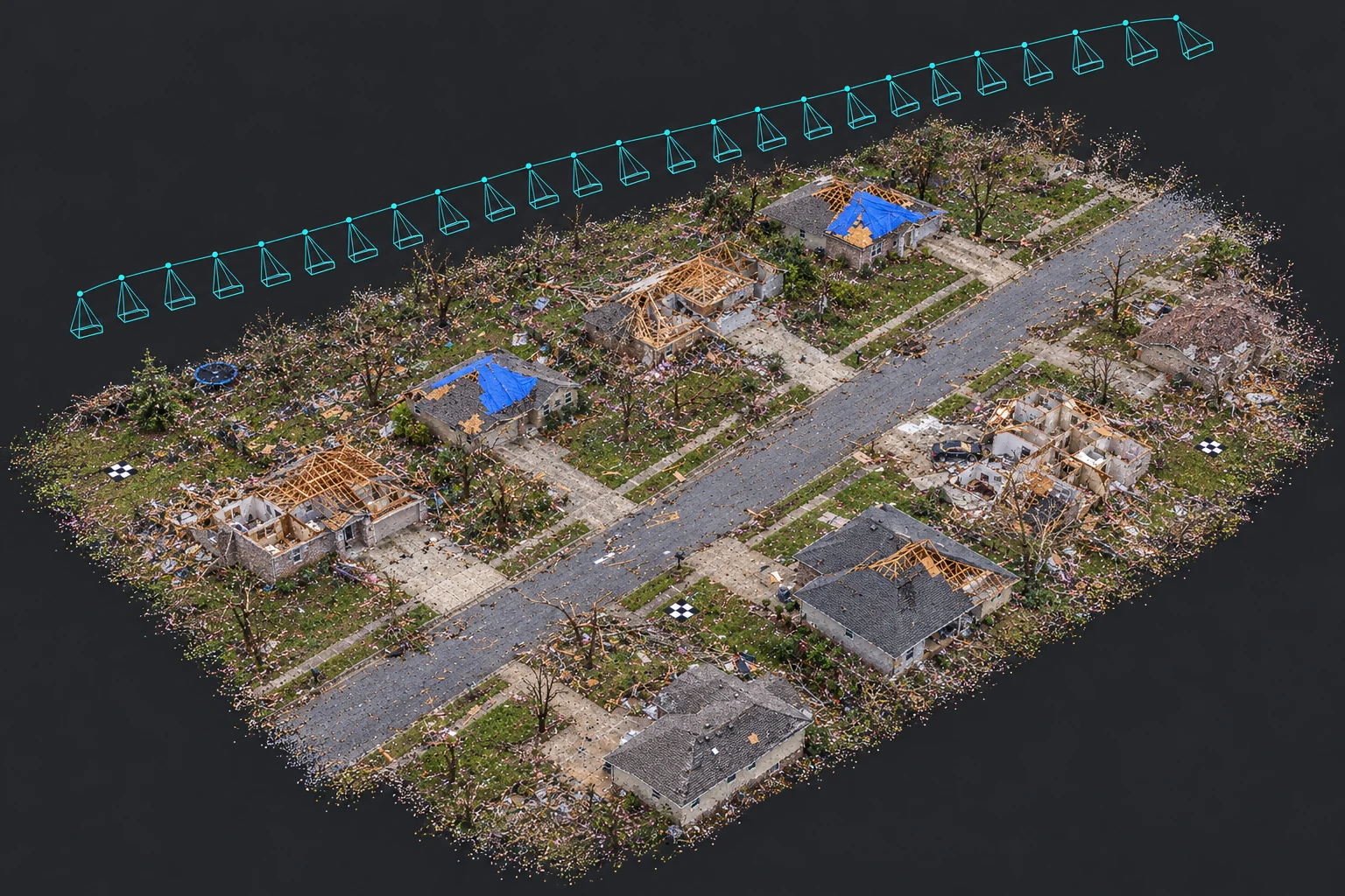 Simulated: a dense 3D point cloud of a tornado-damaged neighborhood, with camera positions along the drone flight path and ground control points