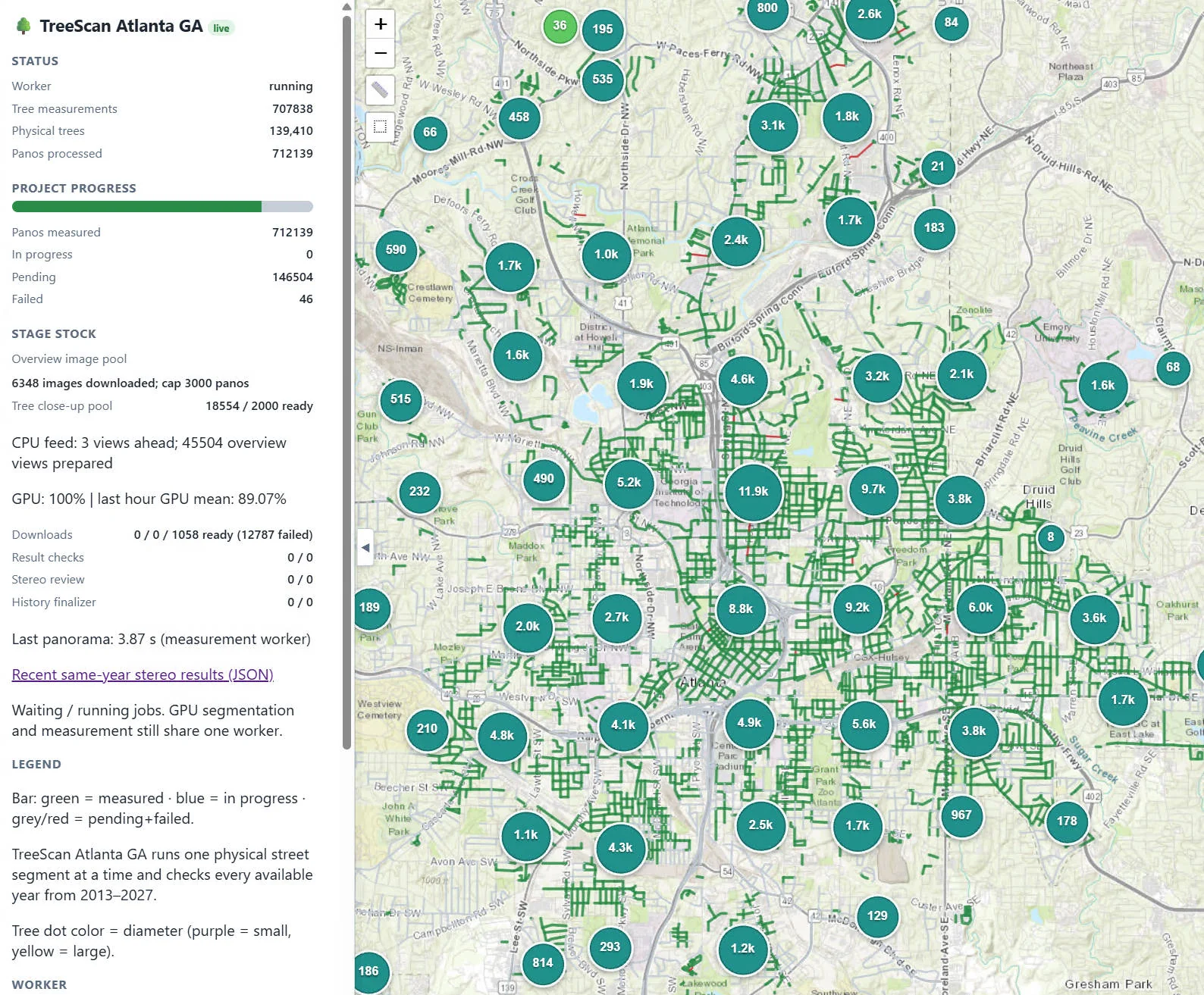 Map of Atlanta with measured streets and clusters of measured trees and a progress panel