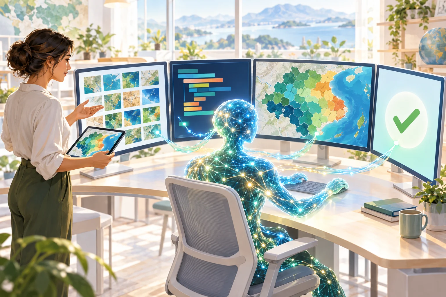 An AI assistant made of network nodes working at four screens to find data, write code, draw a map, and check the result, while a researcher sets the question and reviews the map