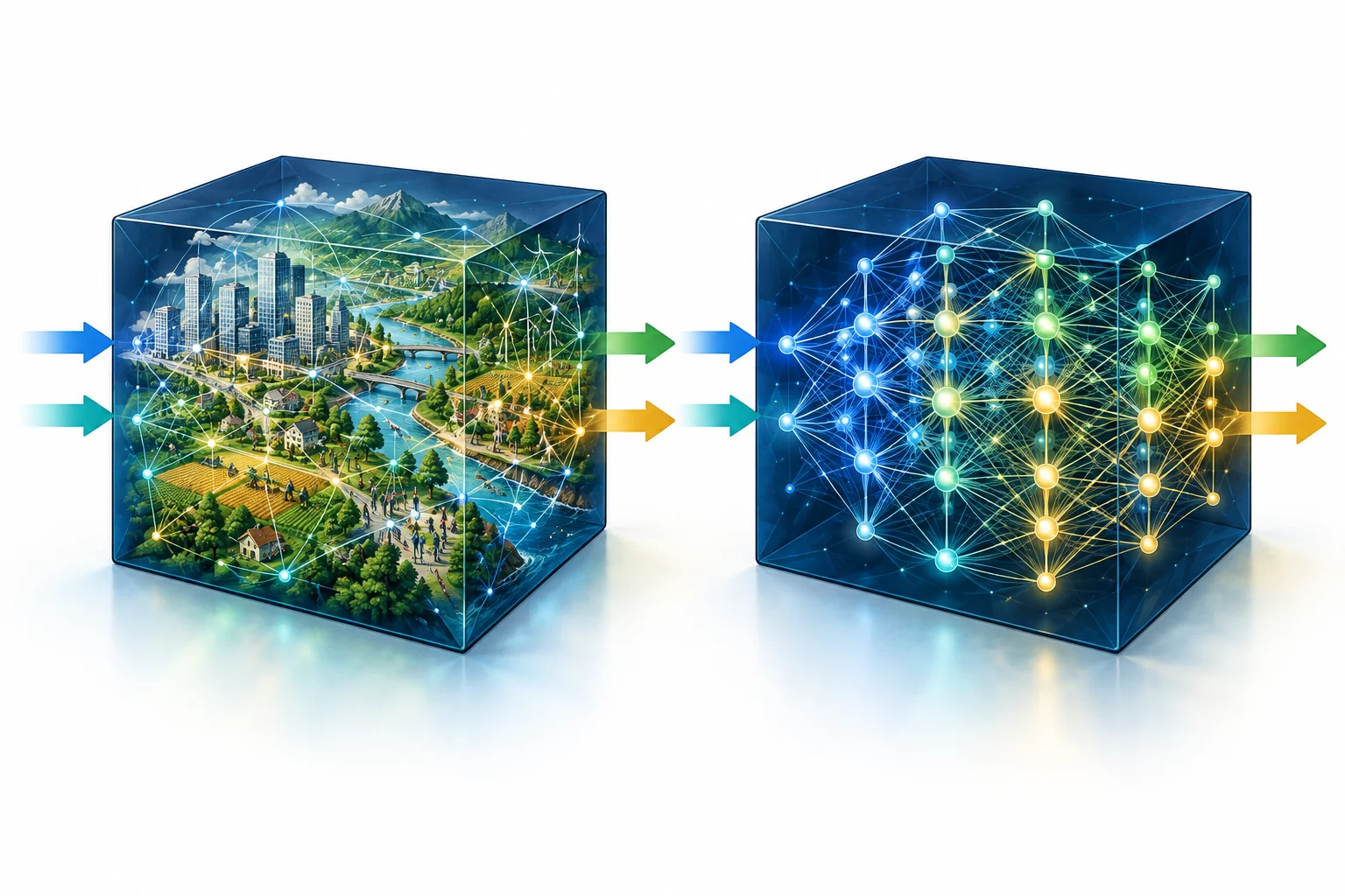Two transparent boxes with identical inputs and outputs: one holds a human-environment system tangled with connections, the other a neural network