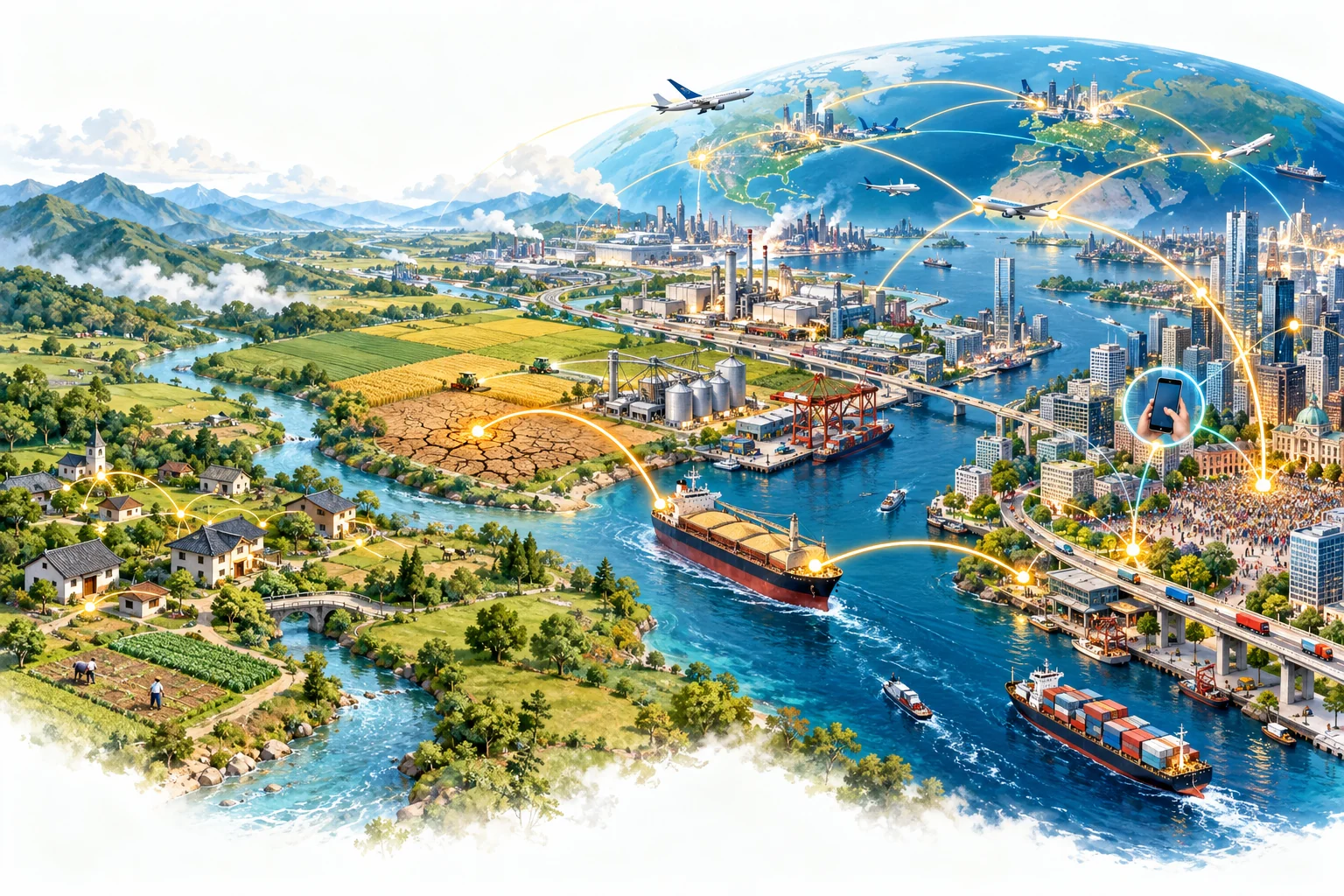 A quiet village and farmland growing into a dense web of cities, factories, ports, and global routes, with a drought-stricken field linked to a grain ship and a distant market