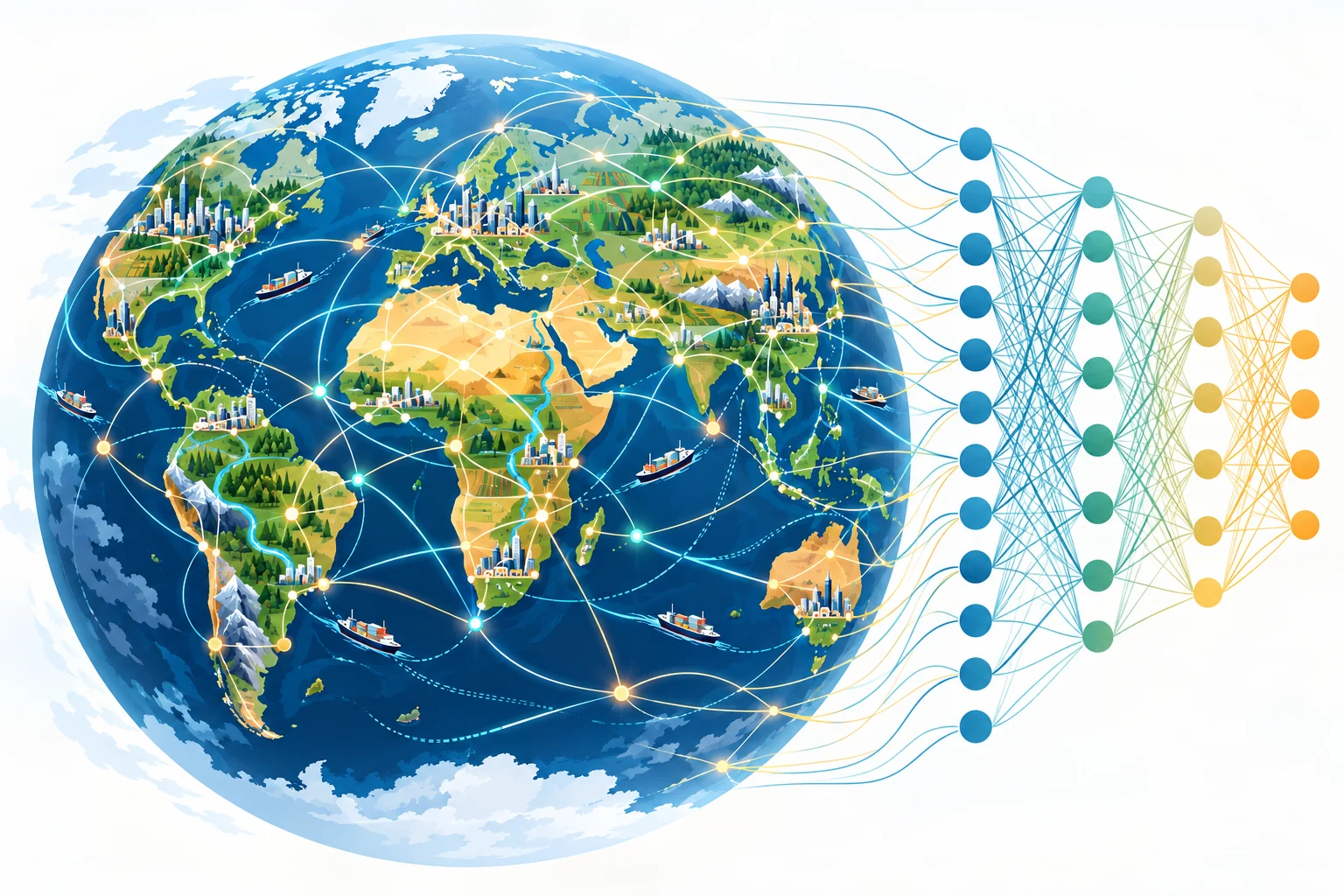 A globe whose cities, shipping routes, and rivers are linked by glowing arcs that lift off the surface and straighten into the layers of a neural network