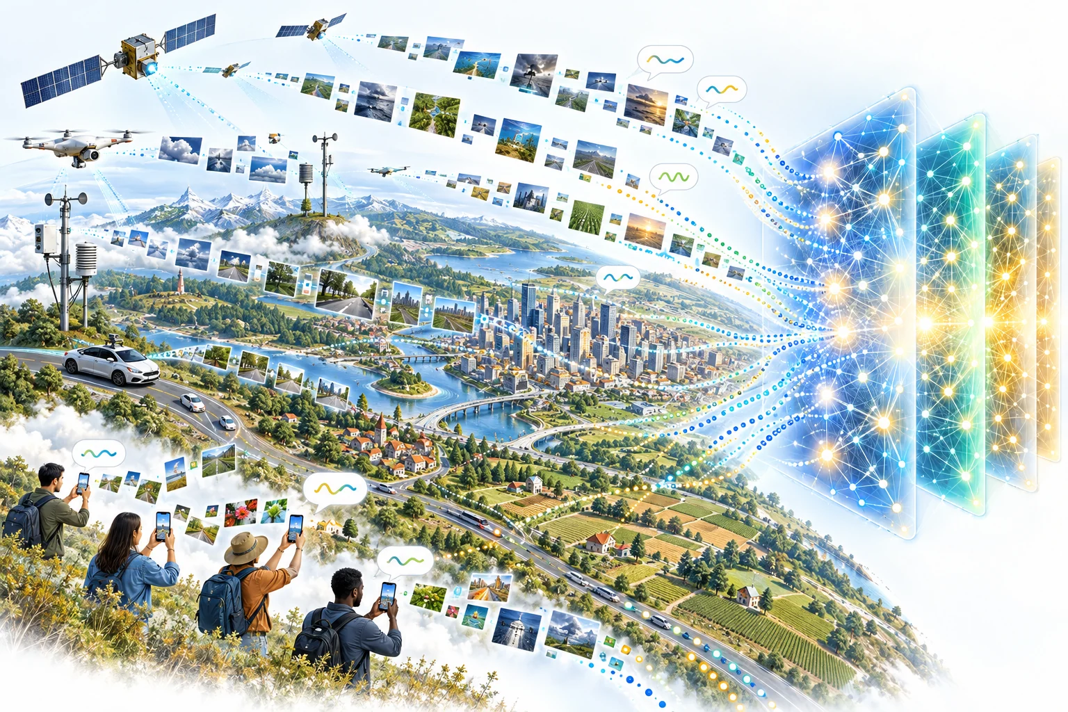 Satellites, drones, sensors, street view cars, and people with smartphones sending streams of images, messages, and trajectories into a neural network