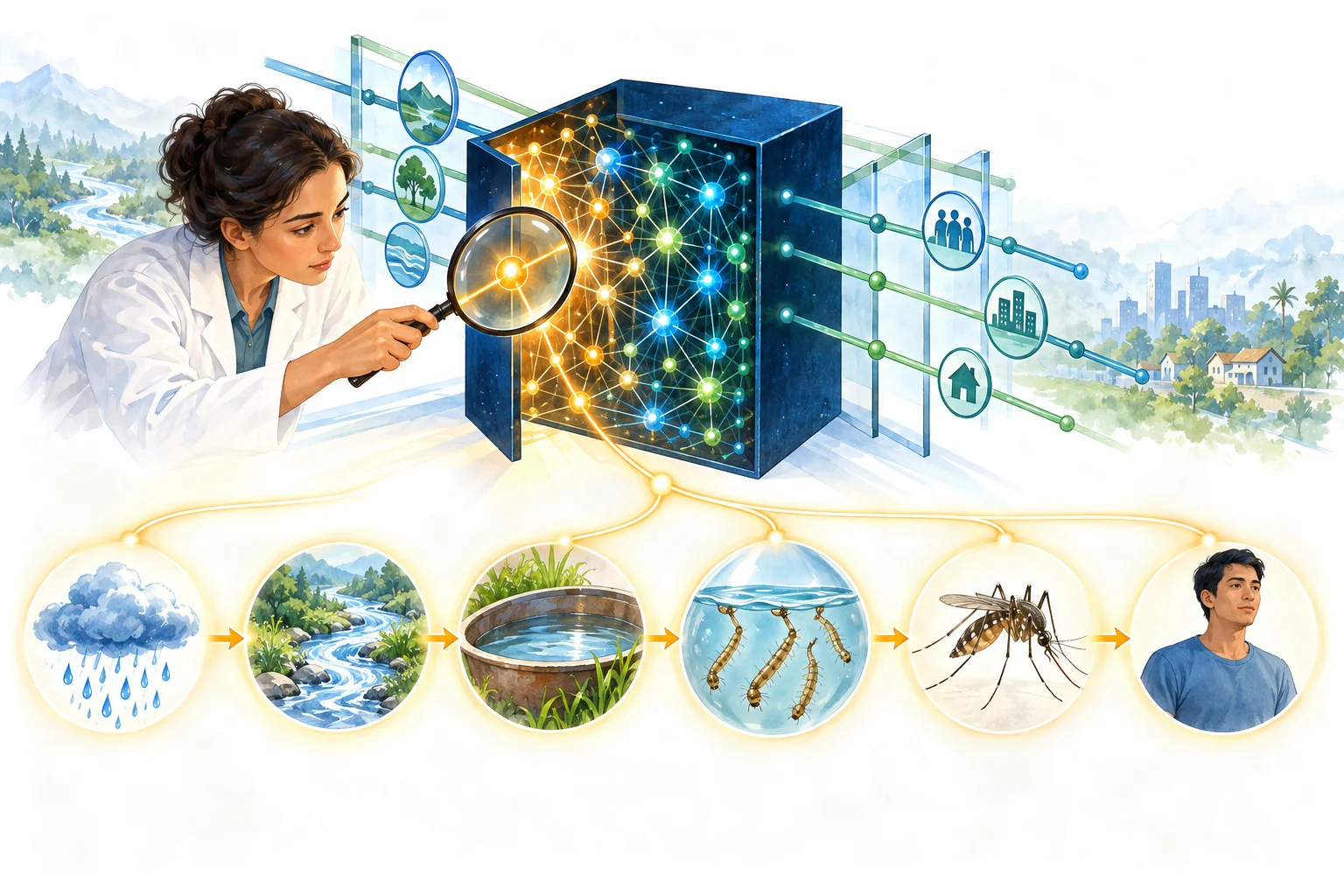 A researcher with a magnifying glass at an opened black box, where one connection unfolds into a chain: rain, river, standing water, mosquito larvae, mosquito, and a person